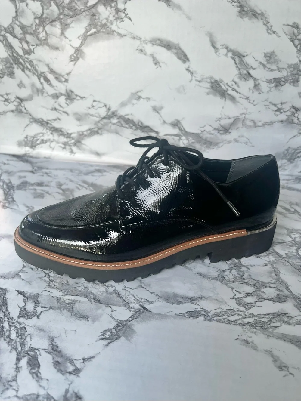 Franco Sarto Charles Black Patent Derby Lug Sole Shoe 11 Preppy Quiet Luxury